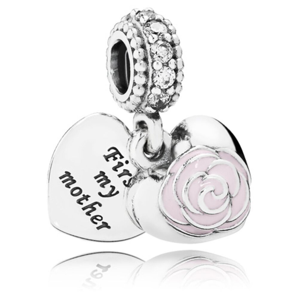 PANDORA Mother's Rose Dangle with Soft Pink Enamel Authentic Silver Zirconia